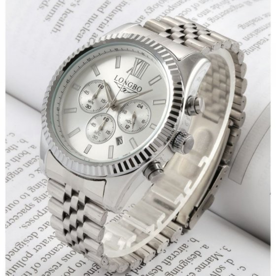 ساعت مچی مردانه لانگبو 3 موتوره کرنوگراف صفحه گرد نقره ایی و بند نقره ایی+باطری اضافی کد2090