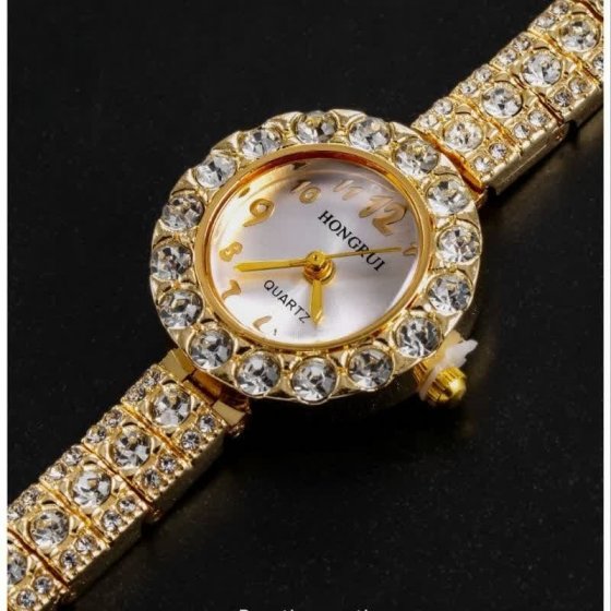 ساعت مچی زنانه صفحه نگینی  طلایی بند نگین دار Hongrui هانگری+باطری اضافی کد 3060