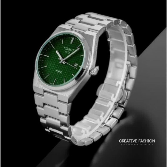 ساعت مچی مردانه  تیسوت صفحه سبز بند نقره ایی+باطری اضافی کد3080