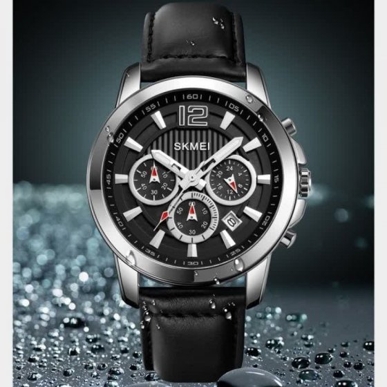 ساعت مچی مردانه اسکیمی کرنوگراف سه موتوره بند چرمی مشکی+باطری اضافی کد 3096
