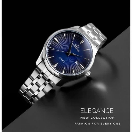 ساعت مچی مردانه الگانس صفحه آبی بند نقره ایی+باطری اضافی  کد 4057