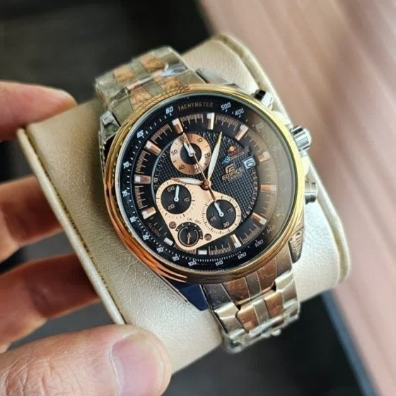 ساعت مچی مردانه کاسیو کرنوگراف  صفحه مشکی بند دو رنگ+باطری اضافی 4060