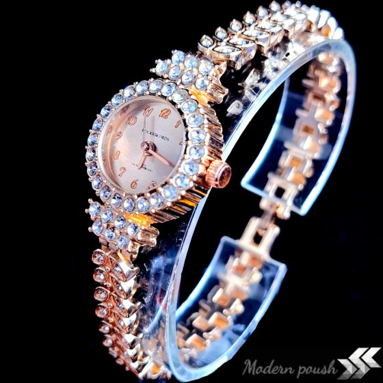 ساعت مچی زنانه نگین دار مجلسی صفحه گرد رزگلد+باطری اضافی کد 2350