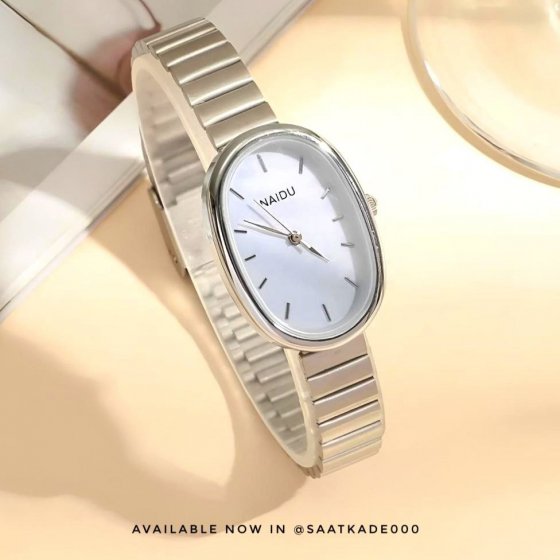 ساعت مچی زنانه بیضی بند استیل نقره ایی صفحه سفید نایدو NAIDU+باطری اضافی کد 2520
