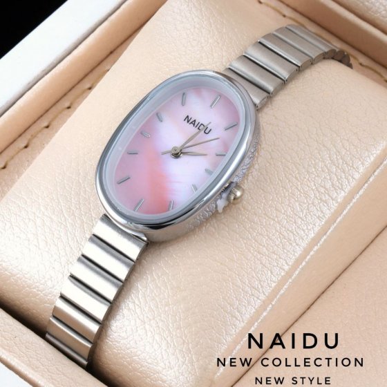 ساعت مچی زنانه بیضی بند استیل نقره ایی صفحه صورتی نایدو NAIDU+باطری اضافی کد 2521