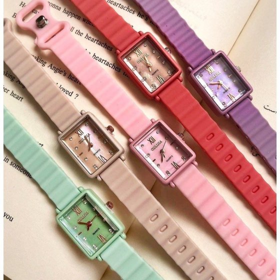 ساعت فانتزی دخترانه رنگی پاستیلی بند پیو اولترایی - مستطیلی+باطری اضافی کد 2534