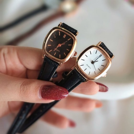 ساعت مچی زنانه بند چرم صفحه مربع مینیمال ظریف+باطری اضافی کد 2538