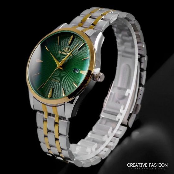 ست ساعت مچی مردانه و زنانه الگانس صفحه سبز بند دو رنگ+باطری اضافی  کد 2551