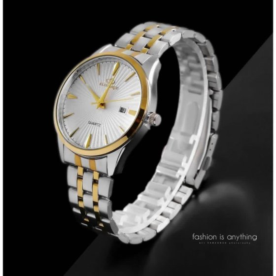 ست ساعت مچی مردانه و زنانه الگانس صفحه سفید بند دو رنگ+باطری اضافی  کد 2553