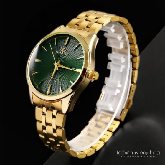 ست ساعت مچی مردانه و زنانه الگانس صفحه سبز بند طلایی+باطری اضافی کد 2556