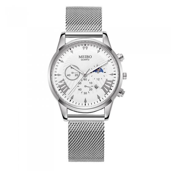 ساعت مچی  مردانه MEIBO می بو بند حصیری نقره ایی شیک+باطری اضافی کد2638