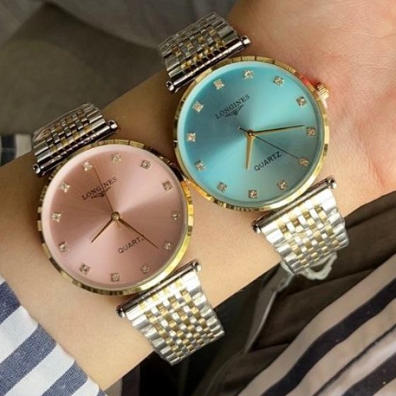 ساعت مچی زنانه و مردانه لونجین LONGINES بند استیل دو رنگ صفحه گرد آبی+باطری اضافی کد 2640