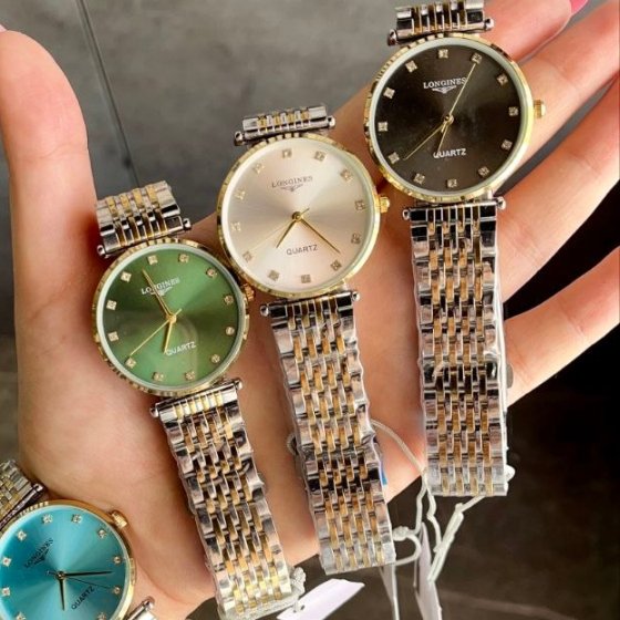 ساعت مچی زنانه و مردانه لونجین LONGINES بند استیل دو رنگ صفحه گرد مشکی+باطری اضافی کد 2644