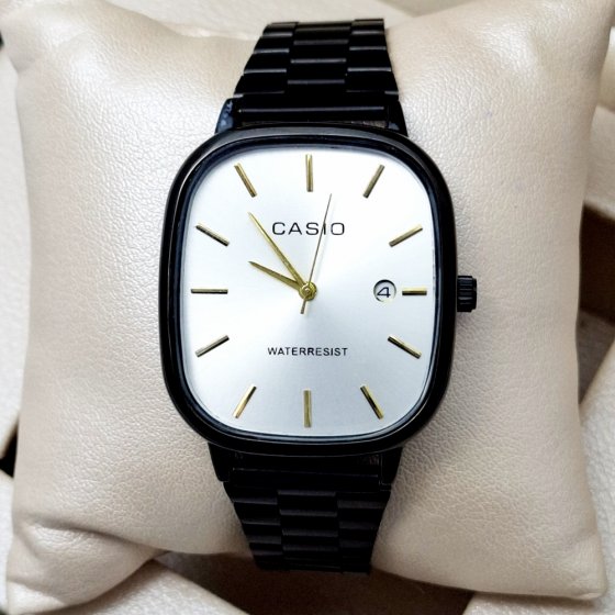 ساعت مچی مردانه کاسیو صفحه مربعی سفید بند استیل مشکی شیک+باطری اضافی کد2662