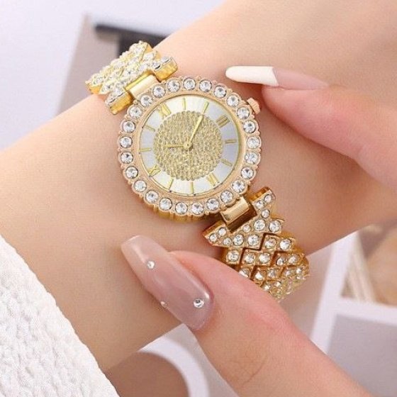 ساعت مچی زنانه نگین دار جینوا Geneva دستبندی مجلسی شیک طلایی+باطری اضافی کد 2691