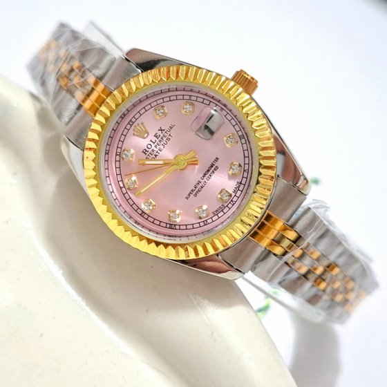 ساعت رولکس زنانه دیت جاست بند نقره ای طلایی صفحه صورتی ضد آب شیک+باطری اضافی کد 2751