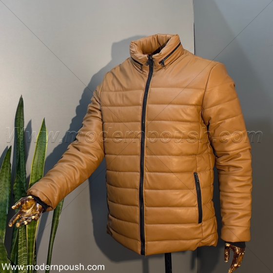 کاپشن چرم عسلی زمستانه مردانه طرح جدید کلاه مخفی (پشم شیشه دار) کد2772