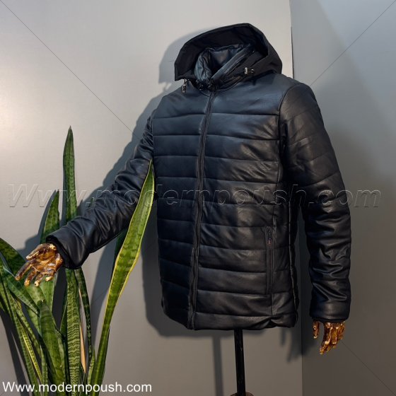 کاپشن چرم مشکی مردانه طرح جدید کلاه مخفی زمستانه (پشم شیشه دار) کد2776