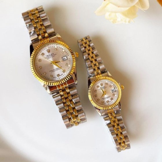 ست ساعت رولکس زنانه مردانه دیت جاست بند نقره ای طلایی صفحه سفید ضد آب شیک+باطری اضافی کد 2847