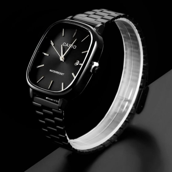 ست ساعت مچی مردانه و زنانه کاسیو صفحه مربعی مشکی بند مشکی استیل شیک و خاص پسند عقربه نقره ایی ضدآب تمام مشکی+باطری اضافی کد 2888