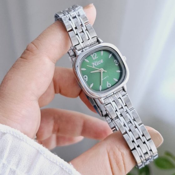 ساعت مچی زنانه مارک نایس  Nice ساعت دخترانه بند استیل  ضدحساسیت رنگ ثابت صفحه نمایش مربع سبز+باطری اضافی کد2913