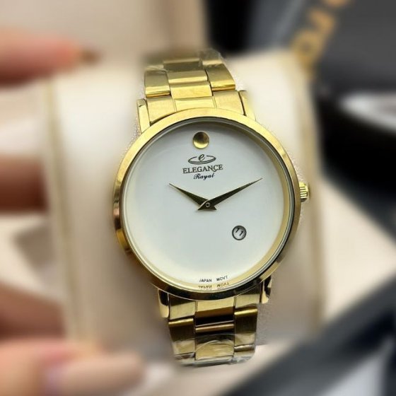 ساعت مچی مردانه و زنانه ELEGANCE الگانس رایال بند استیل طلایی صفحه نمایش گرد سفید+باطری اضافی کد 2964