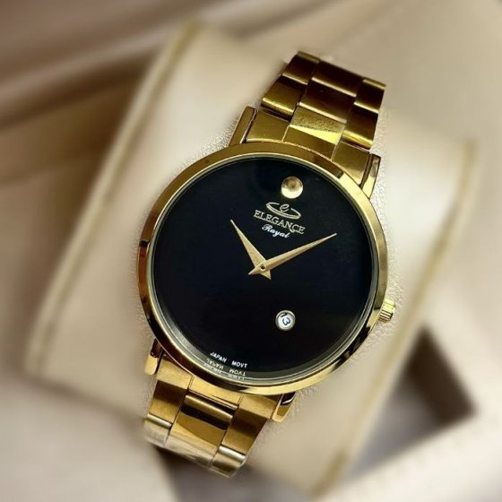 ساعت مچی مردانه و زنانه ELEGANCE الگانس رایال بند استیل طلایی صفحه نمایش گرد مشکی+باطری اضافی کد 2965