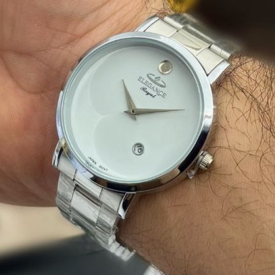 ساعت مچی مردانه و زنانه ELEGANCE الگانس رایال بند استیل نقره ایی صفحه نمایش گرد سفید+باطری اضافی کد 2966