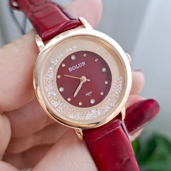 ساعت مچی زنانه بند چرم آلبالویی (چری) صفحه نمایش گرد ترند کد 3112