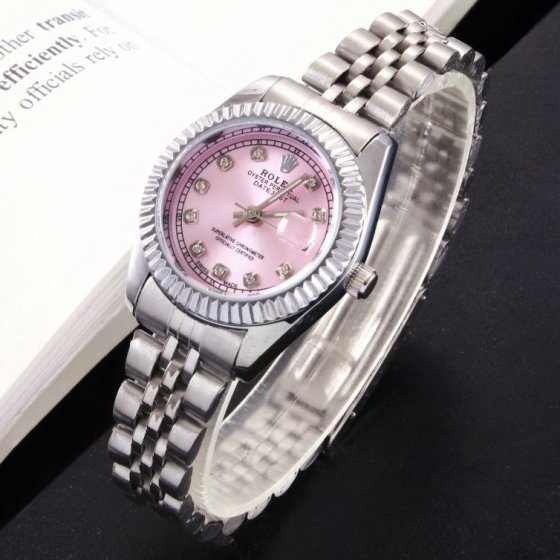 ساعت رولکس زنانه دیت جاست بند نقره ای Rolex DateJust صفحه صورتی ضد آب شیک+باطری اضافی کد 3121