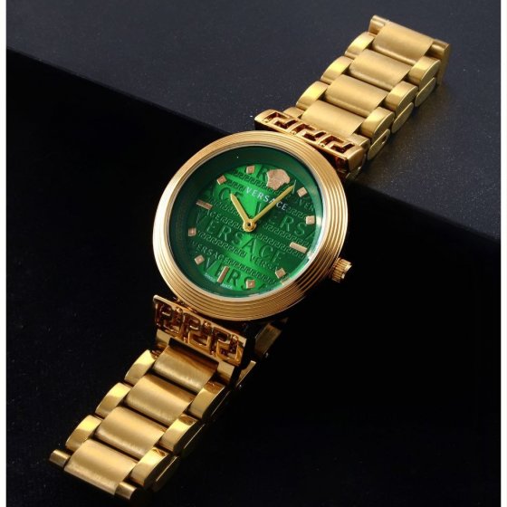 ساعت مچی زنانه برند ورساچه Versace شیشه کریستال بند استیل طلایی صفحه نمایش گرد سبز +باطری اضافی کد 3124