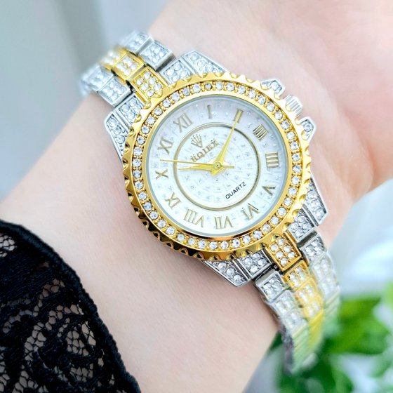 ساعت مچی زنانه فول نگین ROLEX رولکس بند استیل طلایی دو رنگ صفحه نمایش گرد سفید مجلسی شیک و جدید+باطری اضافی  کد 3156