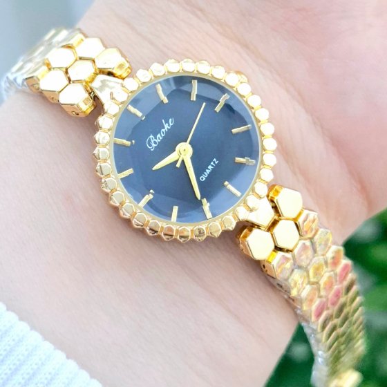 ساعت مچی زنانه BAOKباعوک نگین دار بند استیل طلایی صفحه نمایش گرد مشکی شیسه الماسی مجلسی-جدید+باطری اضافی کد3166