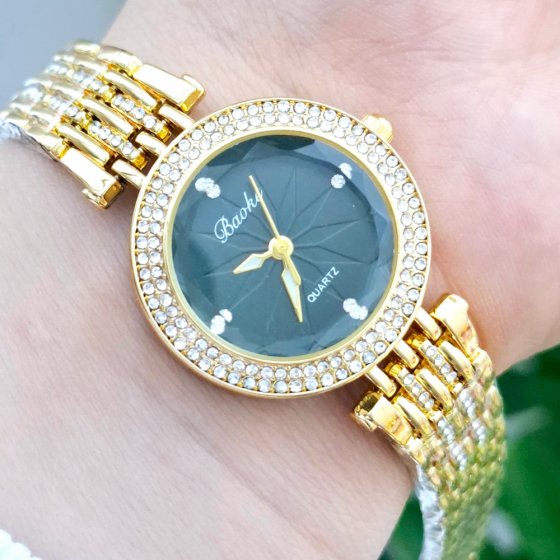 ساعت مچی زنانه BAOKباعوک نگین دار بند استیل نگین دارطلایی صفحه نمایش گرد سبز شیسه الماسی مجلسی-جدید+باطری اضافی  کد3173