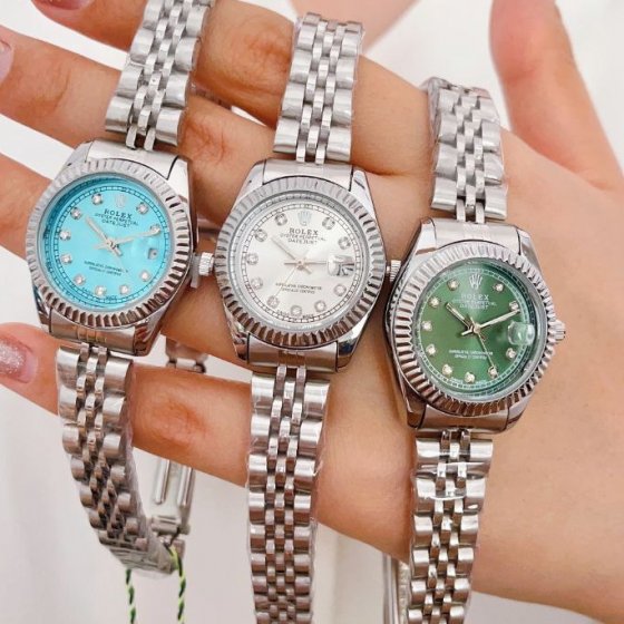 ساعت رولکس زنانه دیت جاست بند نقره ای  صفحه گرد ضد آب شیک+باطری اضافی کد 9066