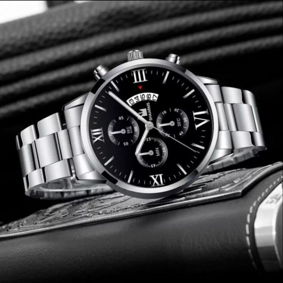 ساعت مچی مردانه شرکتی بند استیل  طرح 3 موتوره shaarms کرنو صفحه نمایش گرد مشکی+باطری اضافی کد9069