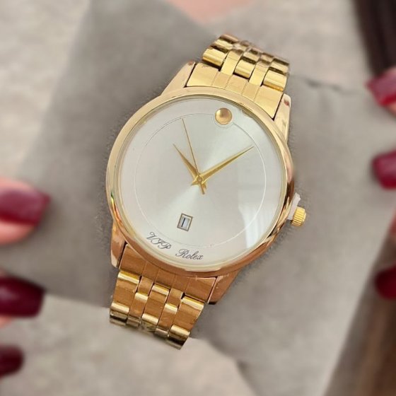 ساعت مچی مردانه رولکس ROLEX بند استیل طلایی صفحه نمایش گرد سفید+باطری اضافی  کد 9078