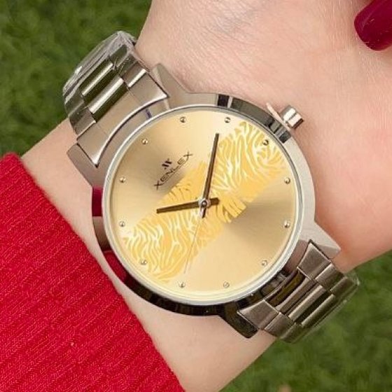 ساعت مچی زنانه زنلکس XENLEX مدل X_6150L بند استیل نقره ایی صفحه نمایش گرد طلایی+باطری اضافی کد 9080