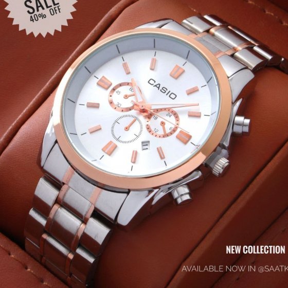 ساعت مچی مردانه کاسیو Casio طرح سه موتوره صفحه سفید بند دو زنگ استیل+باطری اضافی  کد9120