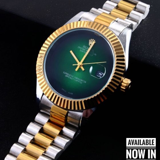 ساعت مچی مردانه  رولکس دیت جاست Rolex DayJust بند استیل  دو رنگ نقره ایی و طلایی صفحه سبز+باطری اضافی  کد 9134