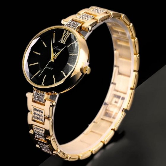 ساعت مچی زنانه BAOKباعوک نگین دار بند استیل نگین دار طلایی صفحه نمایش گرد مشکی شیسه مجلسی-+باطری اضافی  کد9137