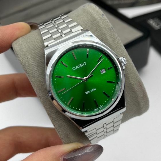 ساعت مچی مردانه کاسیو وینتیج casio بند نقره ایی قابل تنظیم صفحه نمایش گرد سبز /کلاسیک جدید+باطری اضافی کد 9149