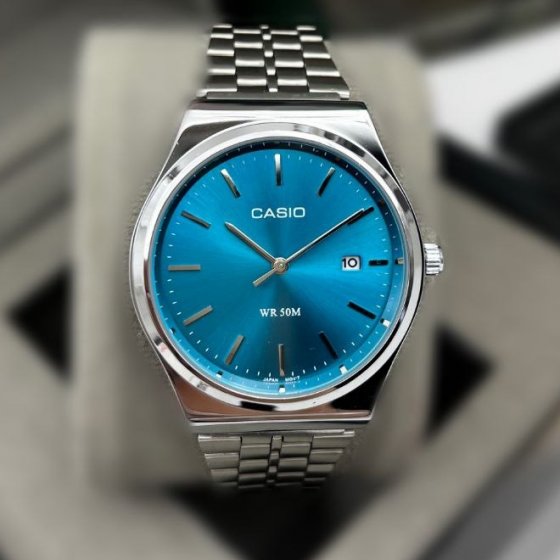 ساعت مچی مردانه کاسیو وینتیج casio بند نقره ایی قابل تنظیم صفحه نمایش گرد ابی /کلاسیک جدید +باطری اضافی کد 9151