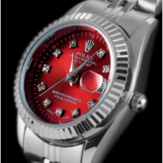 ساعت مچی زنانه  رولکس دیت جاست بند نقره ای صفحه گرد ضد آب قرمز (زرشکی) شیک +باطری اضافی کد9186