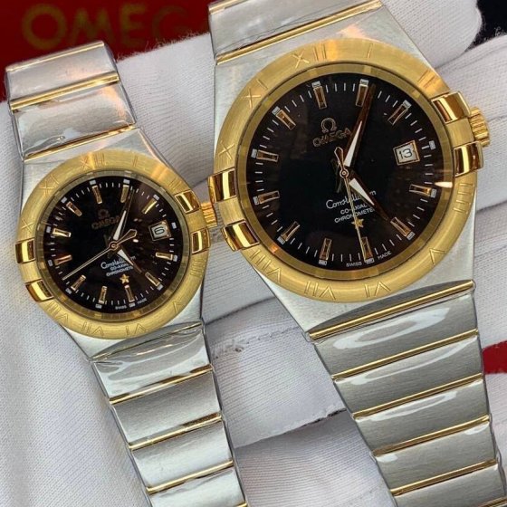 ست ساعت مچی زنانه و مردانه امگا طرح کانستلیشن Omega Constelation کیفیت عالی بند استیل دو رنگ صفحه نمایش مشکی+باطری اضافی کد9193