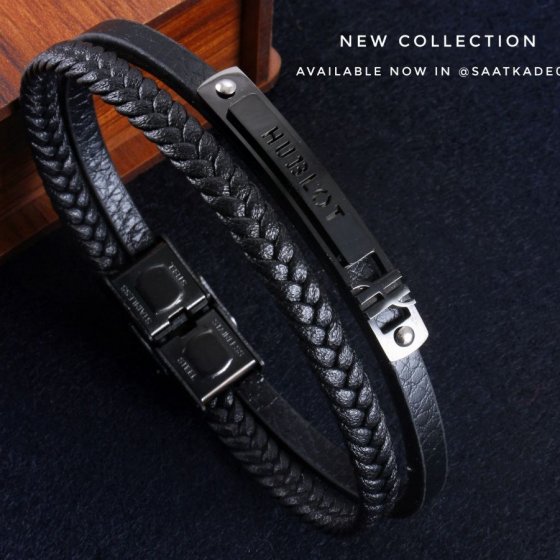 دستبند اسپرت چرم‌بافت(چرم‌طبیعی) پلاک استیل  مشکی کد9211