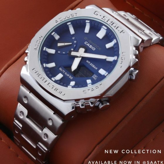 ساعت مردانه جیشاک بند استیل نقره ایی دو زمانه موتور برقی ژاپن  G shock+باطری اضافی  کد9252