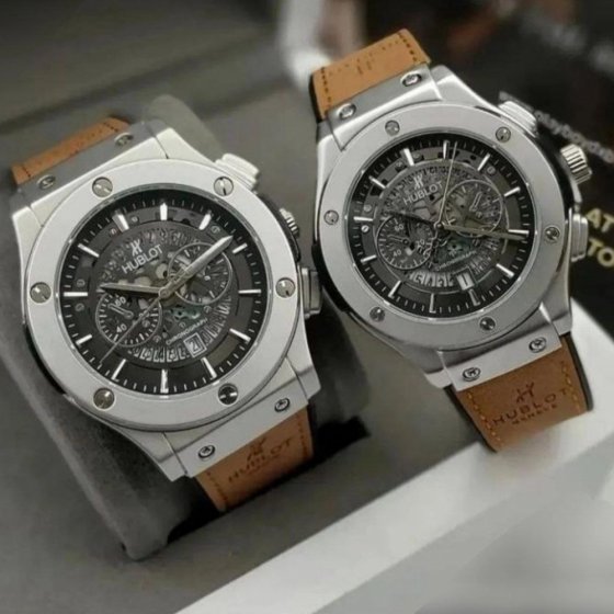 ساعت مچی مردانه هابلوت طرح دو موتور اسکلتی بند قهوه ایی+باطری اضافی کد 9284