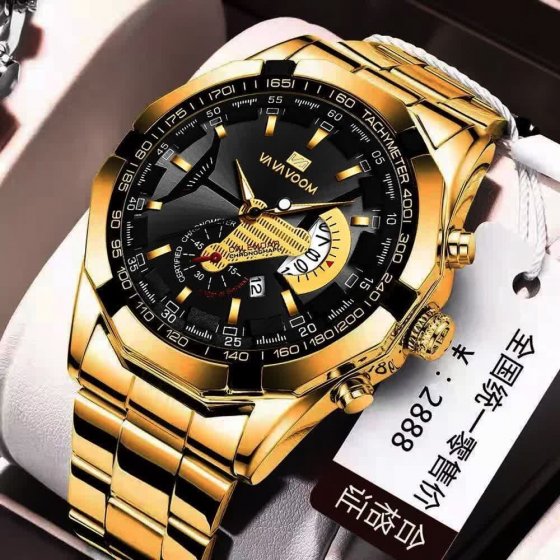 ساعت مچی مردانه بند طلایی استیل صفحه نمایش مشکی طرح 3 موتوره فنجین رنگ ثابت +باطری اضافی کد 9293