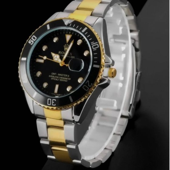 ساعت مچی عقربه ای مردانه Rolex رولکس ساب مارین صفحه مشکی بند دو رنگ نقره ایی و طلایی+باطری اضافی کد 9297
